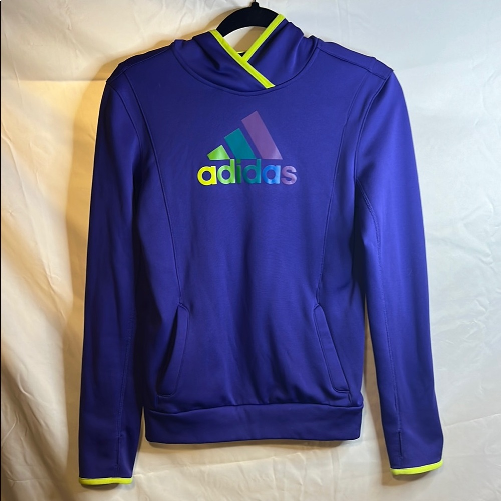 Adidas Purple and Neon Green Climawarm Hoodie